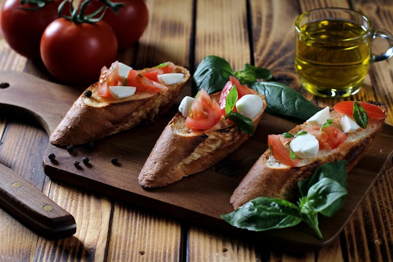 Bruschetta topped with fresh tomatoes, garlic and basil